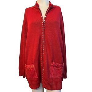 Quacker Factory 2X Red Knit Sweater Cardigan Rhinestones Denim Pockets Full Zip
